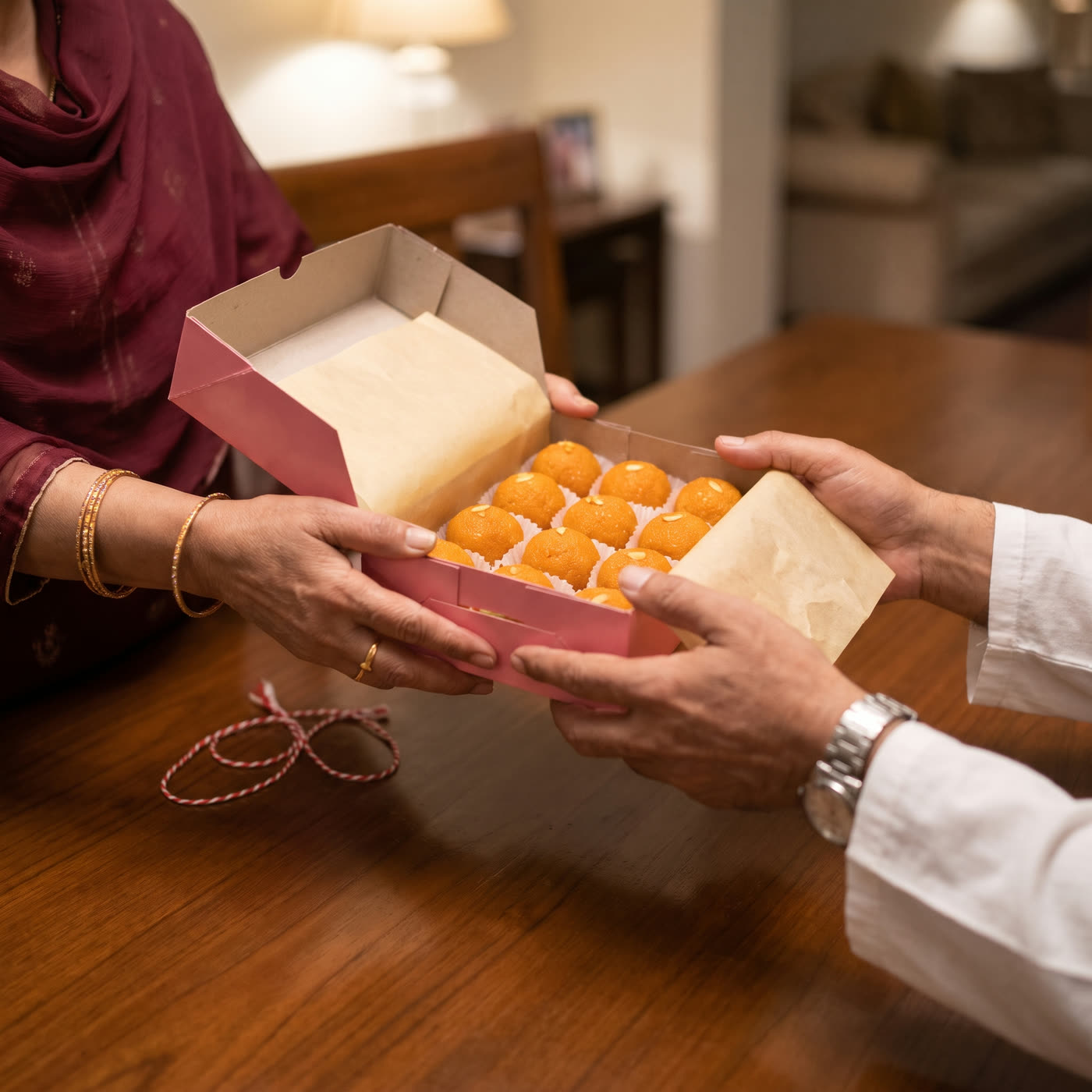 The parents of both families passing an open box of laddoos between them
