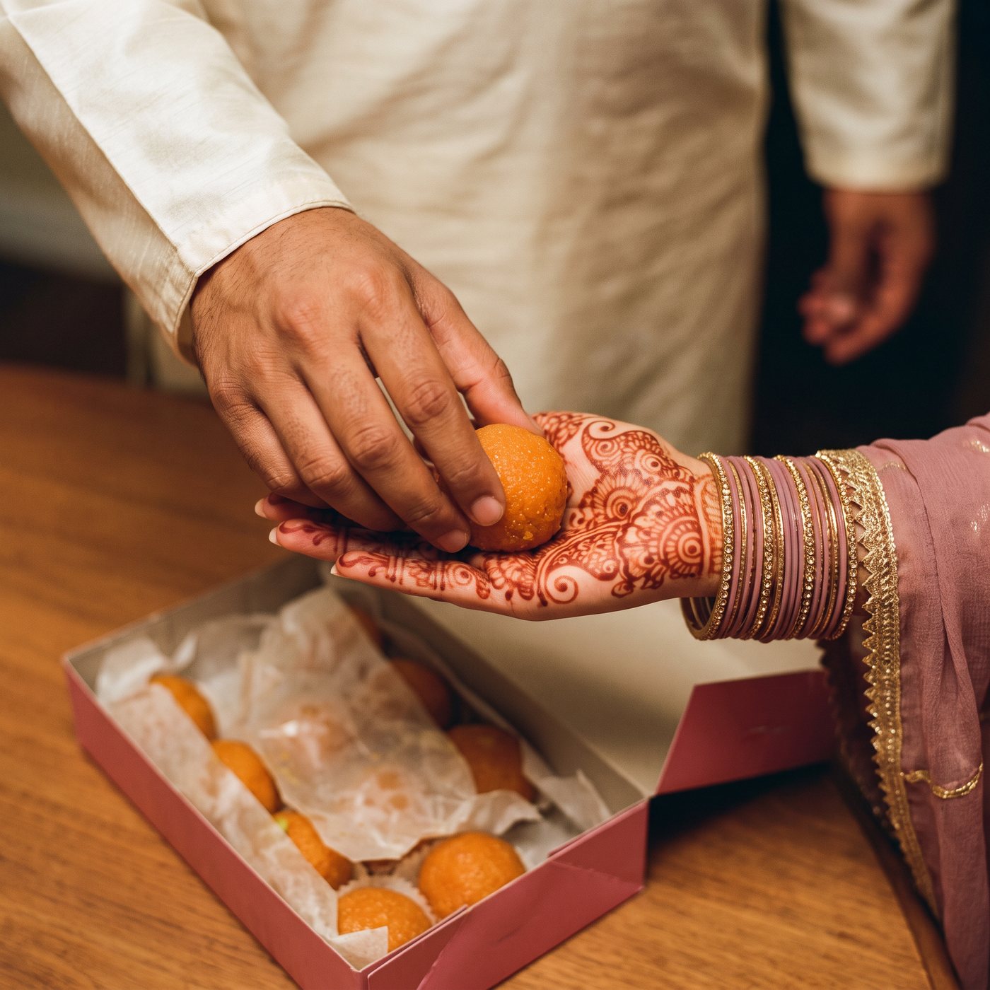 His hand placing a laddoo in her hennaed palm