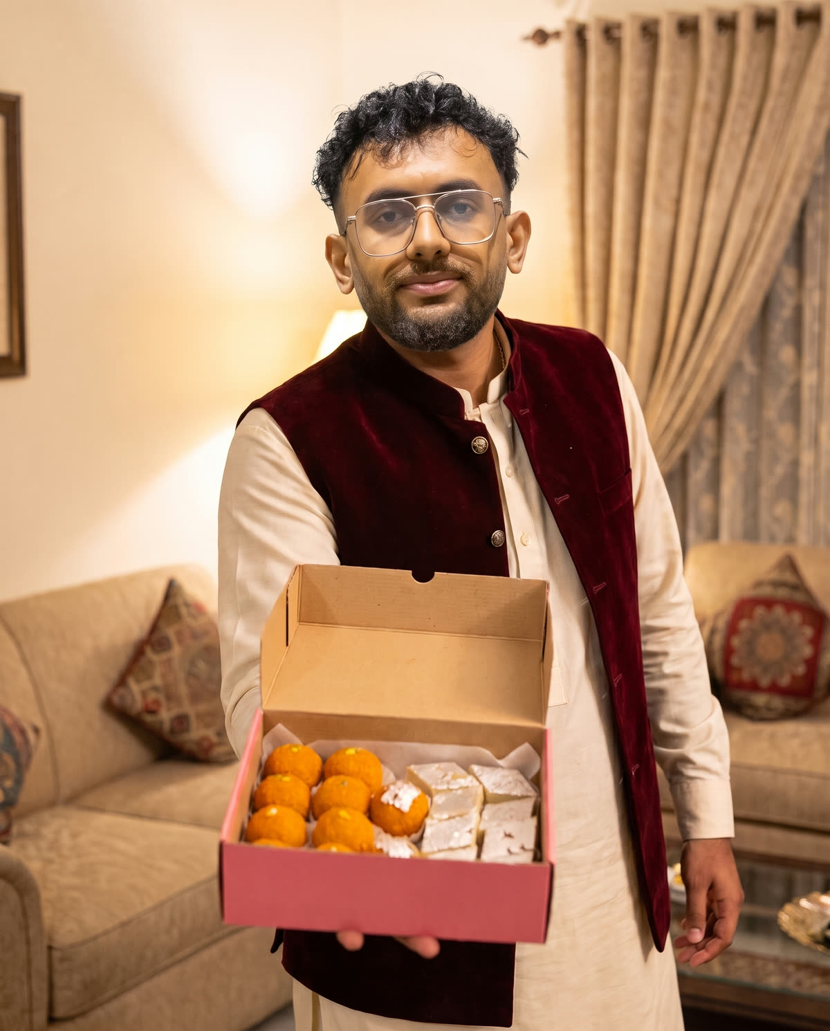 Faraz smiling, holding out an open pink box of laddoos and barfi