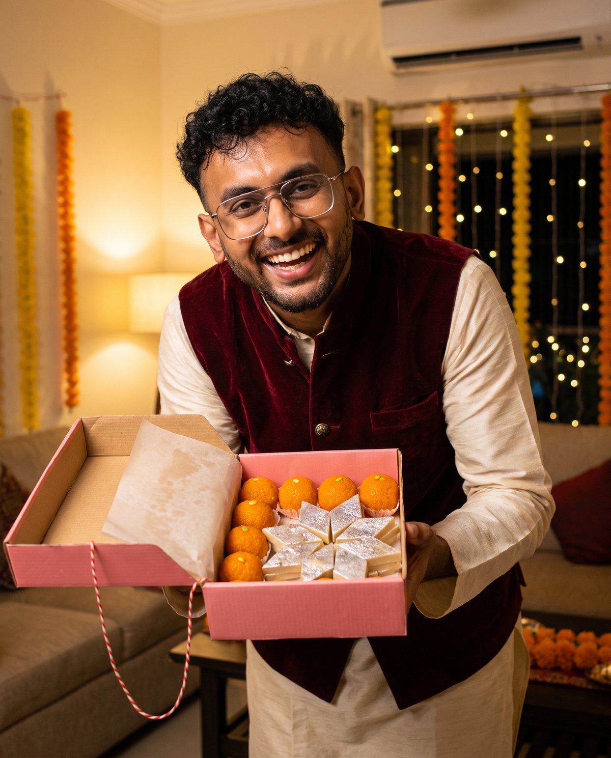 Faraz laughing, holding out an open pink box of laddoos and barfi